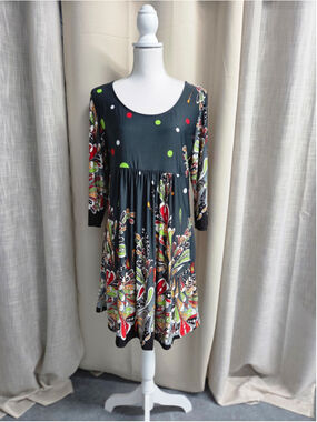 R&B Multicolored Patterned Midi Dress - Black Size XL